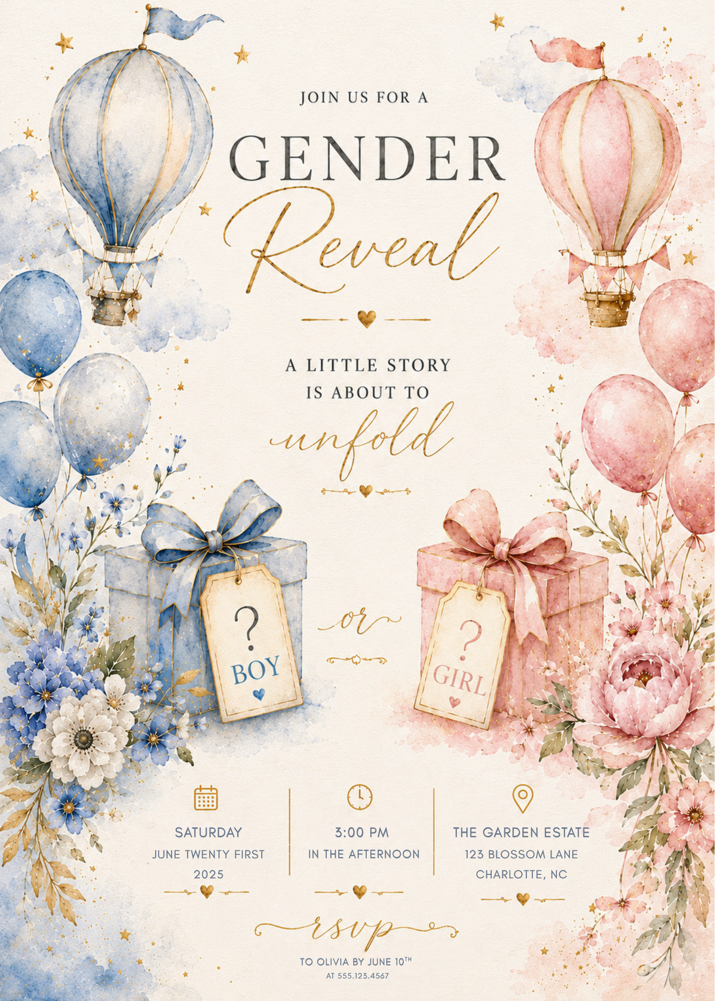 Watercolor-style gender reveal invitation card with pastel hot air balloons, gift boxes, flowers, and elegant text reading 'Join Us for a Gender Reveal' plus event details.