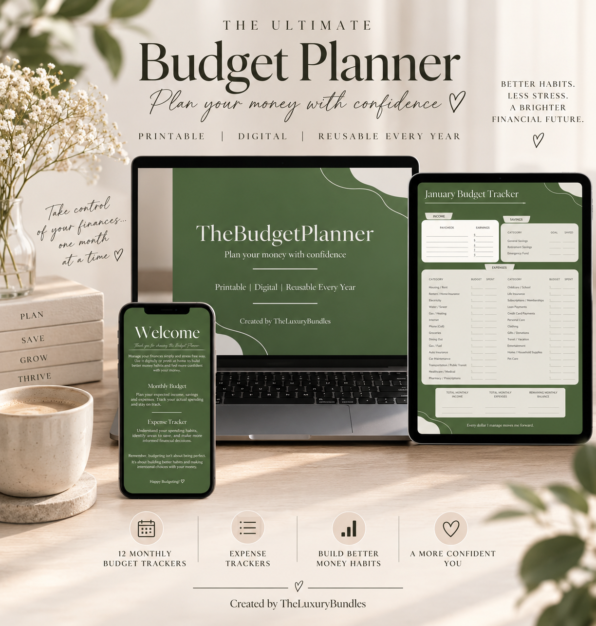 Digital budget planner template shown on a laptop, tablet, and phone mockup against a warm beige background with decorative books and a cup. The planner interface features a sage green and white design with sections for monthly budget tracker, expense tracker, and welcome screen.