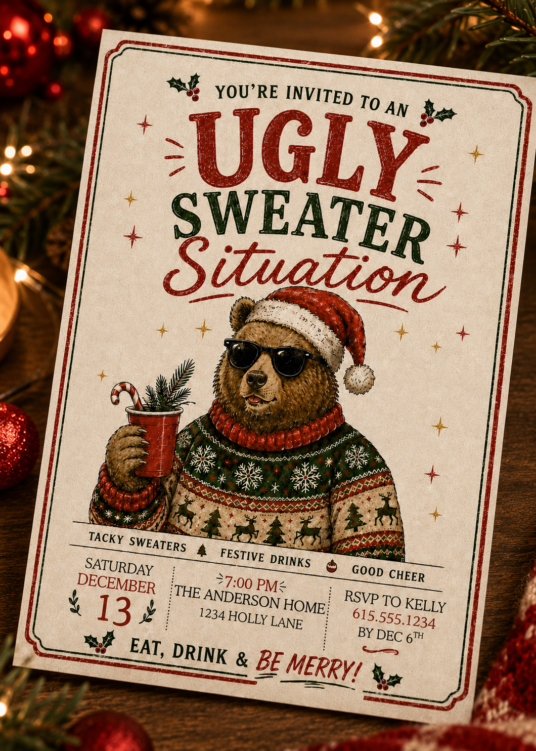 A festive Christmas-themed invitation card for an ugly sweater situation party, featuring an illustration of a teddy bear wearing a Santa hat and sunglasses while holding a drink. The card is styled on a wooden surface with holiday lights and ornaments in the background.