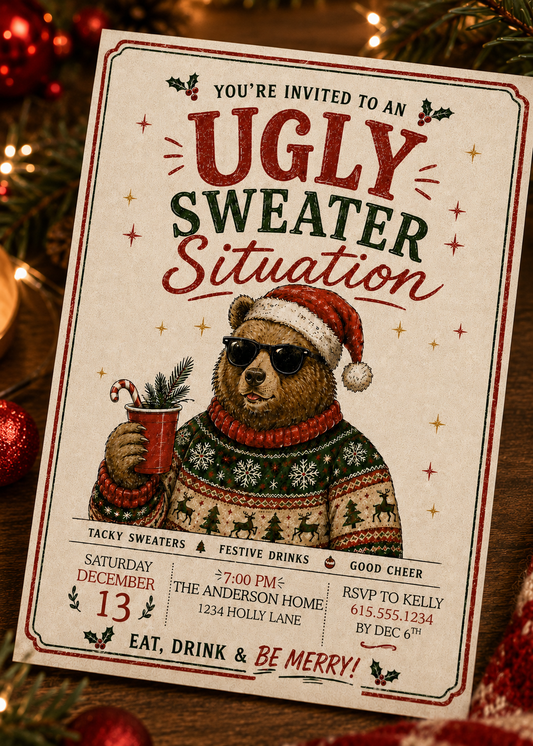 A festive Christmas-themed invitation card for an ugly sweater situation party, featuring an illustration of a teddy bear wearing a Santa hat and sunglasses while holding a drink. The card is styled on a wooden surface with holiday lights and ornaments in the background.