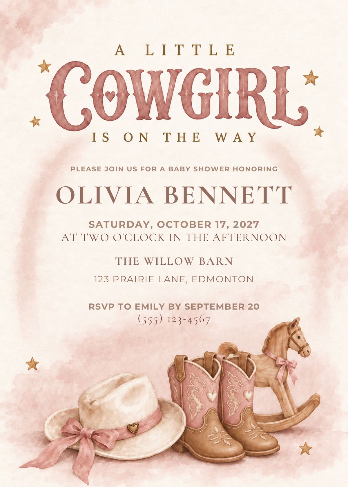A Little Cowgirl Baby Shower Invitation | Pink Western Canva Template