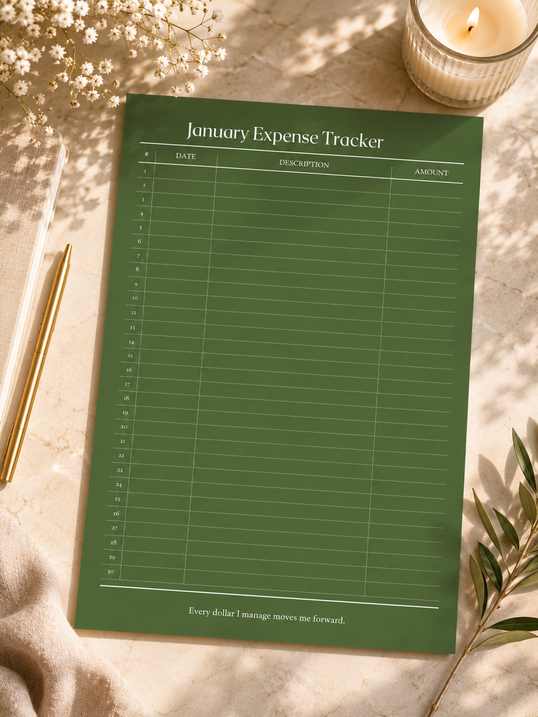 A green January Expense Tracker notepad with white printed lines and text, styled in a flat lay on a beige surface with a candle, gold pen, dried flowers, and leaves.