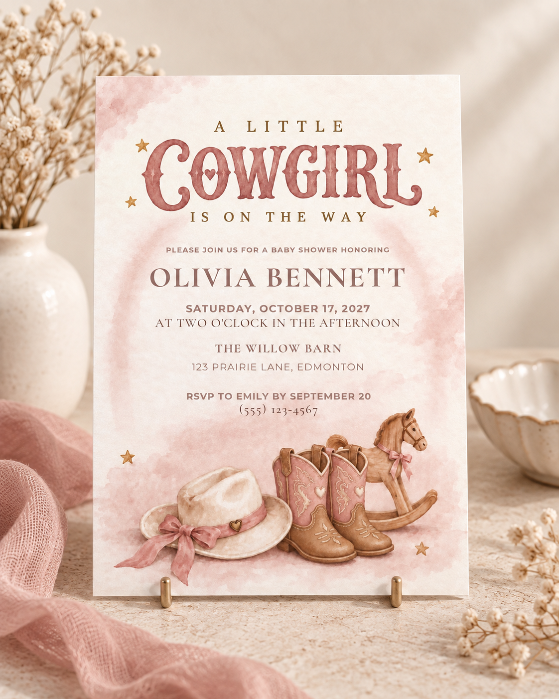 A Little Cowgirl Baby Shower Invitation | Pink Western Canva Template