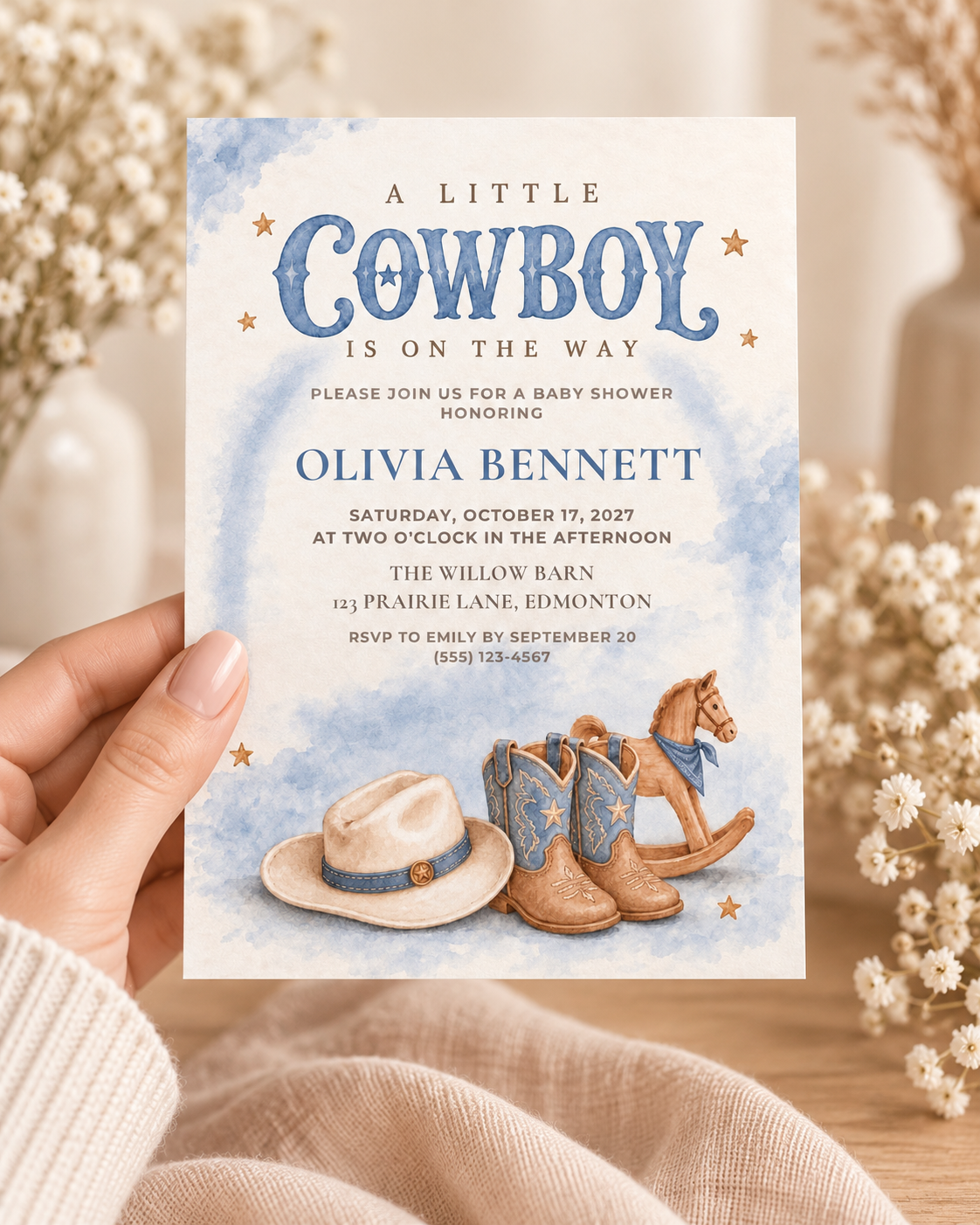 Blue Cowboy Baby Shower Invitation | Canva Template