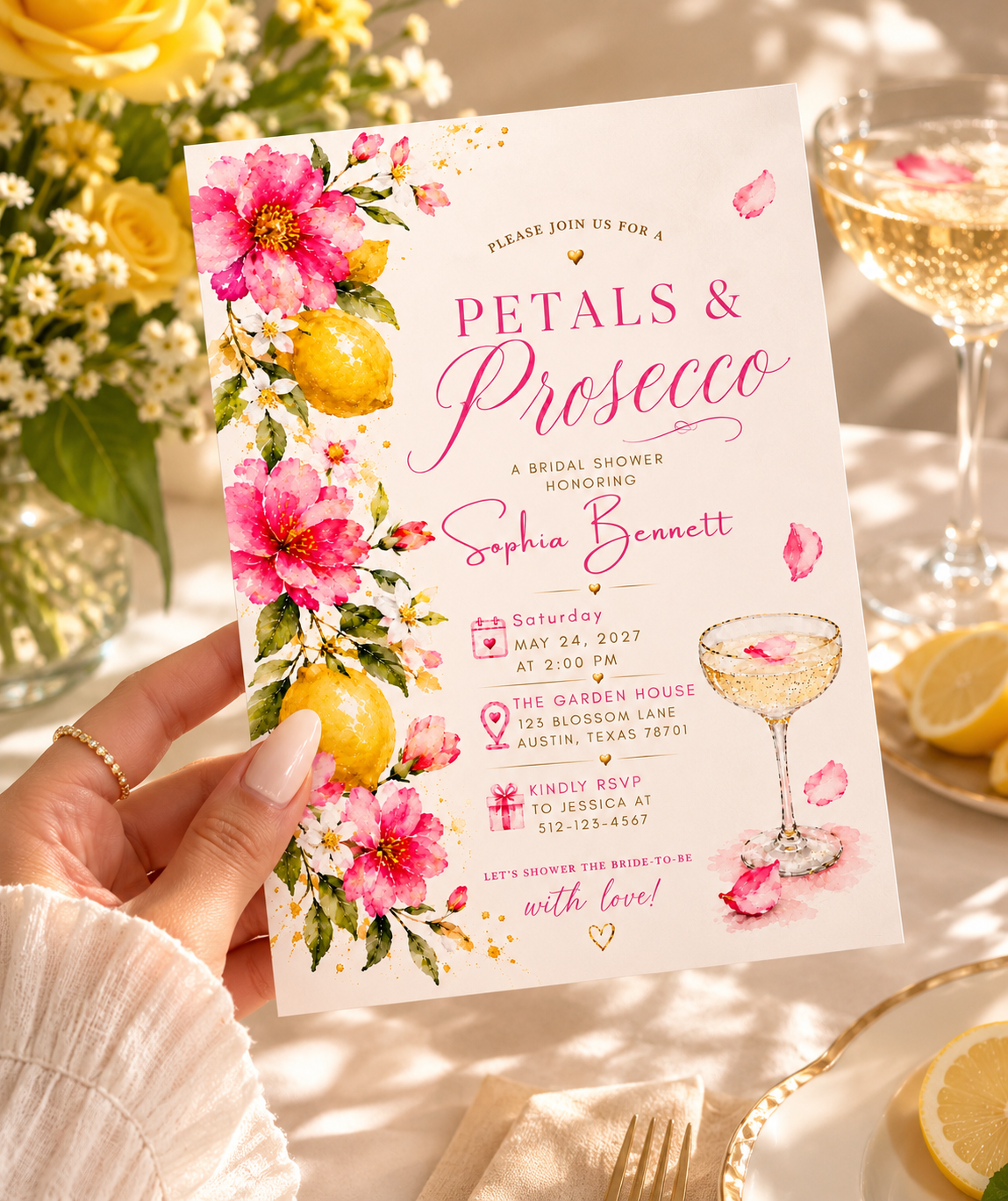 A hand holds a floral bridal shower invitation featuring pink flowers, lemons, and a prosecco glass, with a champagne flute, yellow flowers, and a glass of sparkling wine in the background.