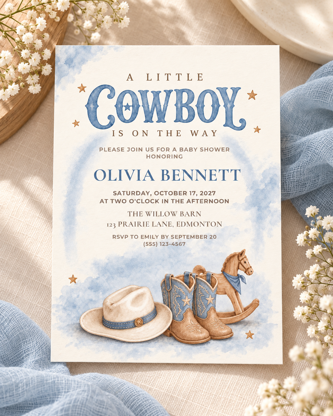 Blue Cowboy Baby Shower Invitation | Canva Template