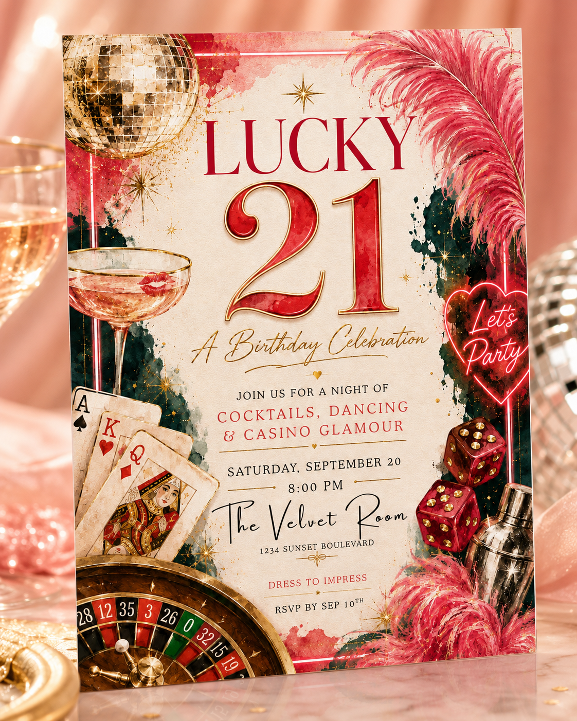 A festive 'Lucky 21' birthday invitation card styled with casino and cocktail themes, featuring red and gold typography, a disco ball, playing cards, a roulette wheel, dice, and pink feathers on a light background.