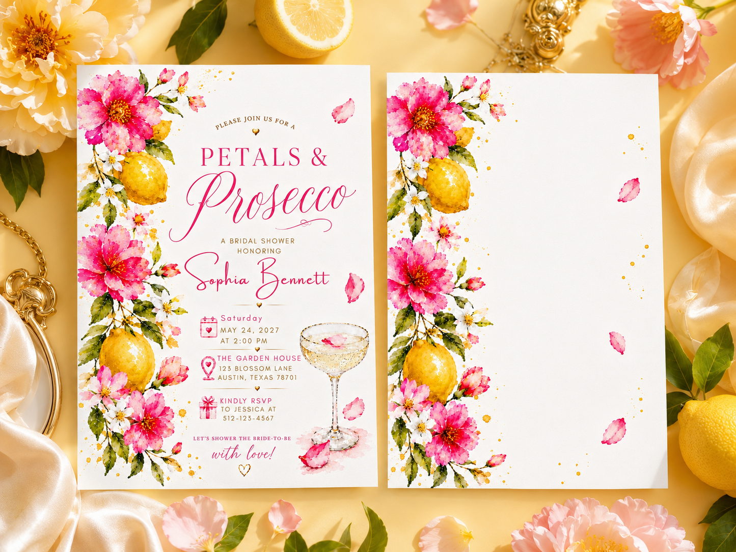 A floral wedding shower invitation set displayed flat on a yellow surface with flowers, pearls, and gold accents. The set includes a printed invitation card with pink script text, pink flowers, lemons, and a cocktail glass illustration, alongside a matching blank card panel.