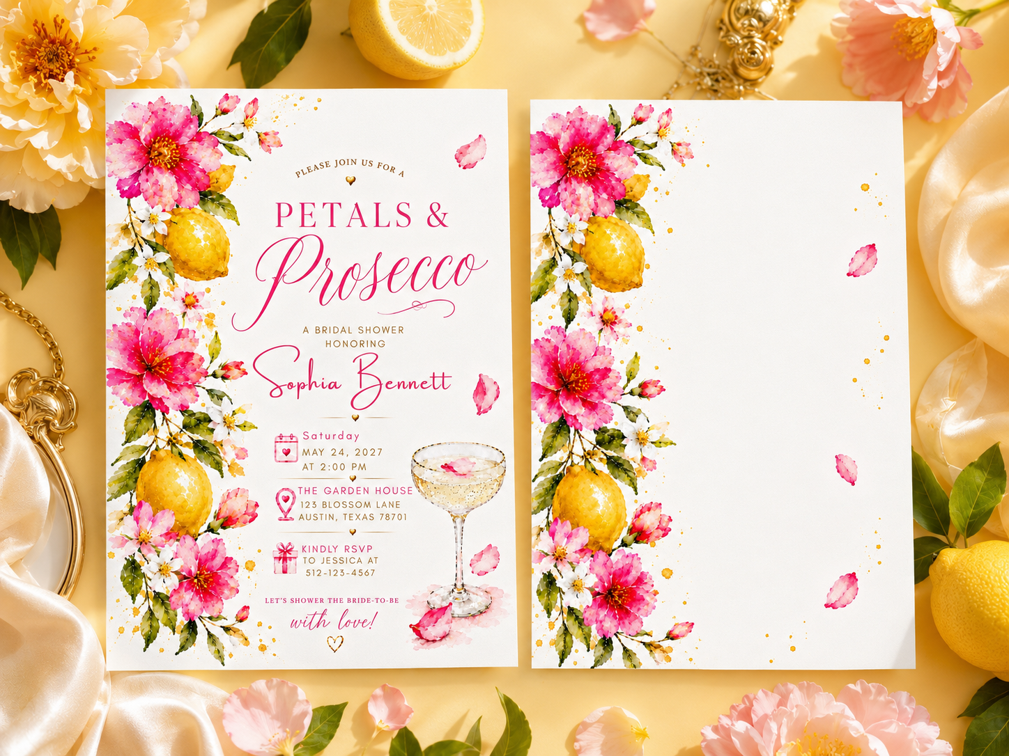 A floral wedding shower invitation set displayed flat on a yellow surface with flowers, pearls, and gold accents. The set includes a printed invitation card with pink script text, pink flowers, lemons, and a cocktail glass illustration, alongside a matching blank card panel.