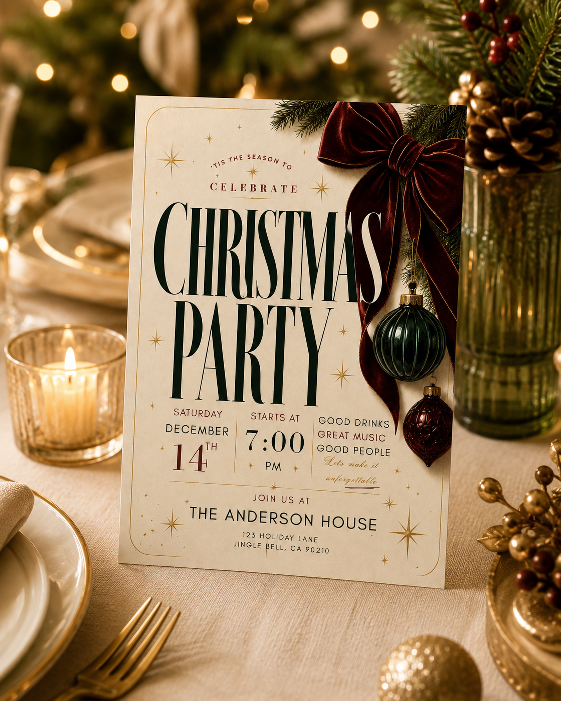 A festive Christmas party invitation card displayed on a decorated table setting with candles, pine branches, ornaments, and warm blurred holiday lights in the background.