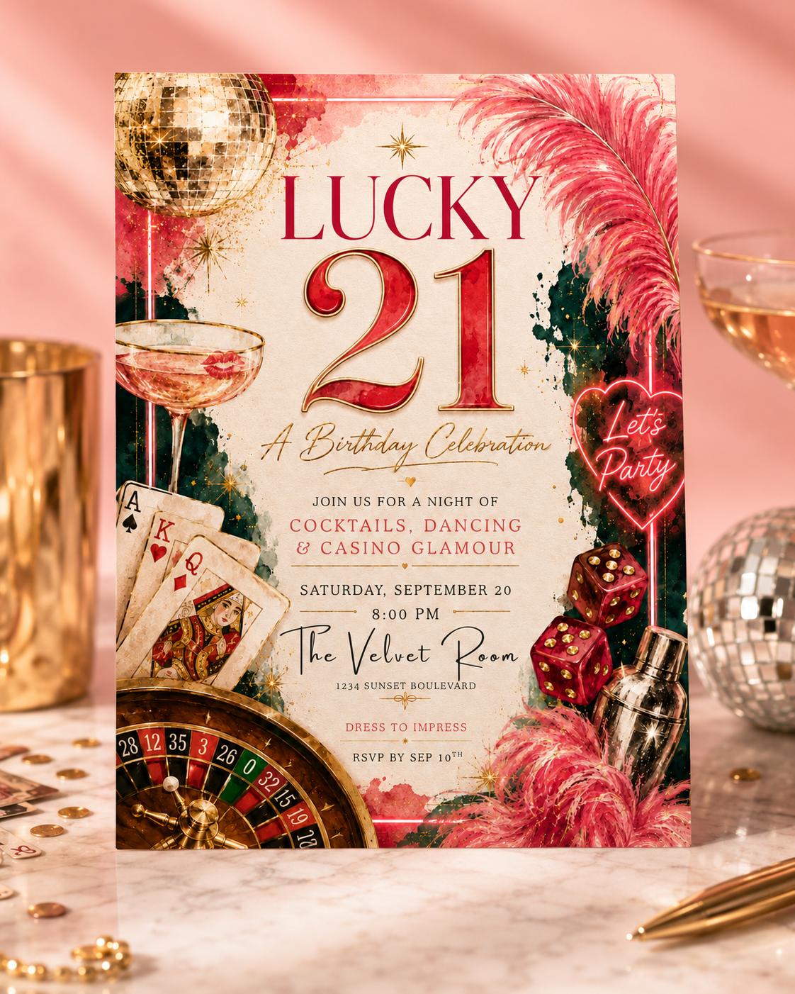 A festive 'Lucky 21' birthday invitation card styled on a marble surface with cocktail glasses, a gold cup, and a disco ball against a soft pink background.