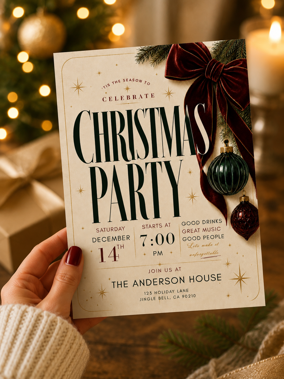 A hand with red nail polish holds a Christmas party invitation card. The card has a cream background with dark green text reading 'CHRISTMAS PARTY' and festive illustrations including a large dark red bow, pine branches, gold stars, and ornaments.