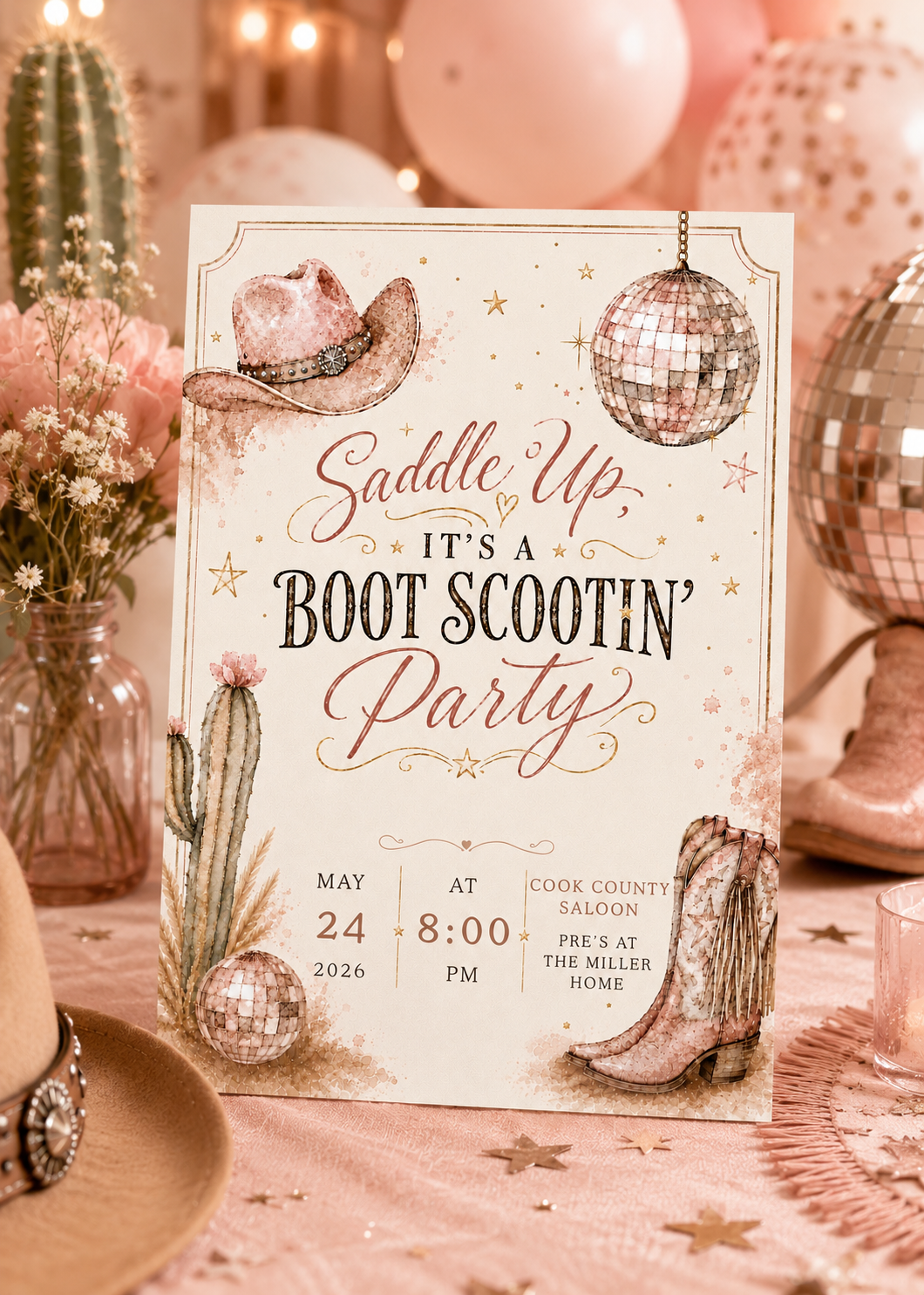 A Western-themed 'Saddle Up, It's a Boot Scootin' Party' invitation card displayed on a decorated table with pink balloons, a cactus, and glittery boots.