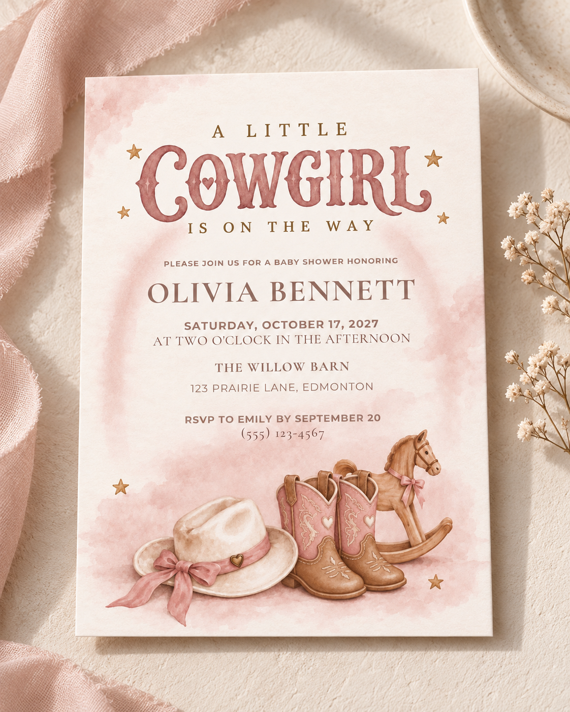 A Little Cowgirl Baby Shower Invitation | Pink Western Canva Template