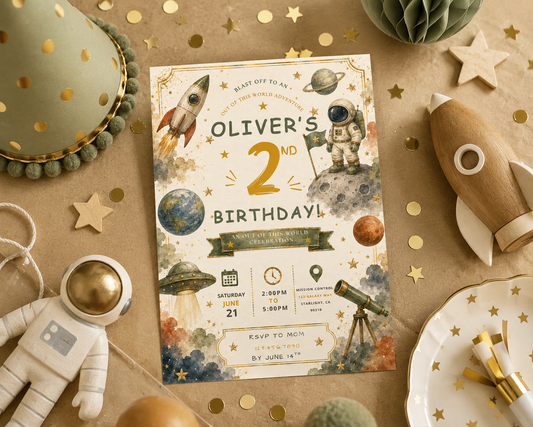 A space-themed second birthday invitation card styled in a flat lay with a gold star confetti background, surrounded by a green polka-dot lamp, wooden rocket, white astronaut ornament, paper plates, and other celestial party decorations.