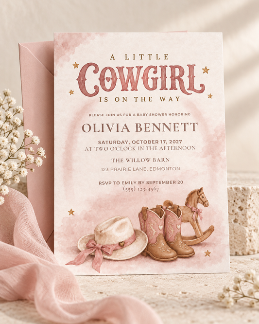 A Little Cowgirl Baby Shower Invitation | Pink Western Canva Template