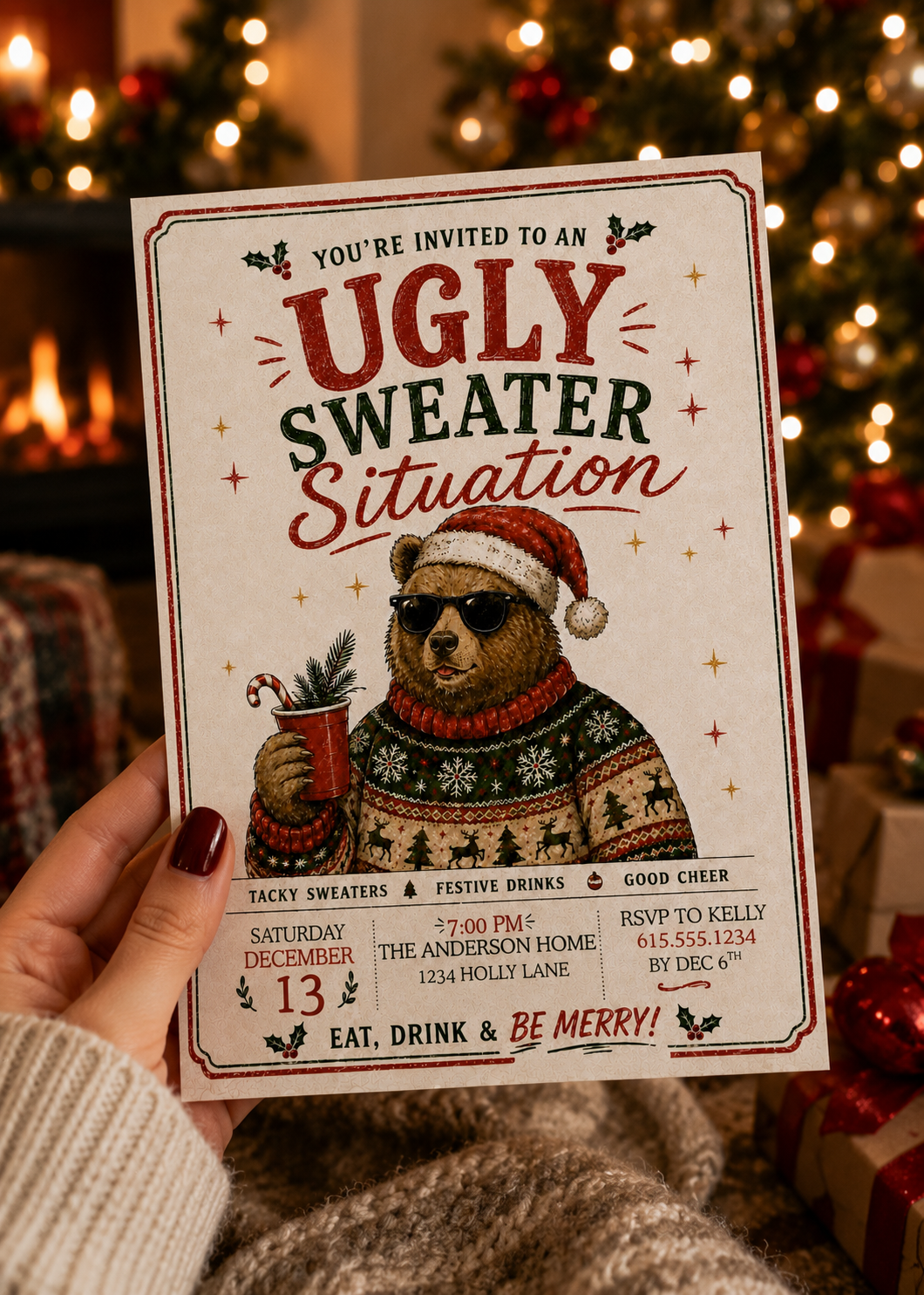 A hand holds a festive Christmas-themed party invitation card that reads 'You're invited to an Ugly Sweater Situation.' The card features an illustration of a teddy bear wearing a Santa hat and patterned sweater, holding a drink.