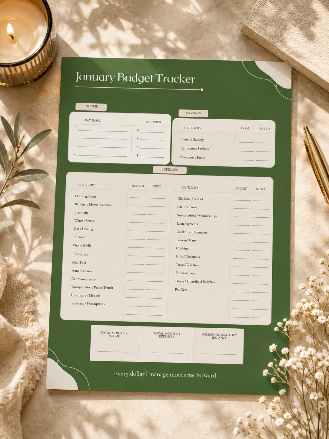 A January Budget Tracker printable sheet with a sage green and white design, styled in a flat-lay arrangement with a lit candle, gold pen, and dried flowers on a neutral fabric background.