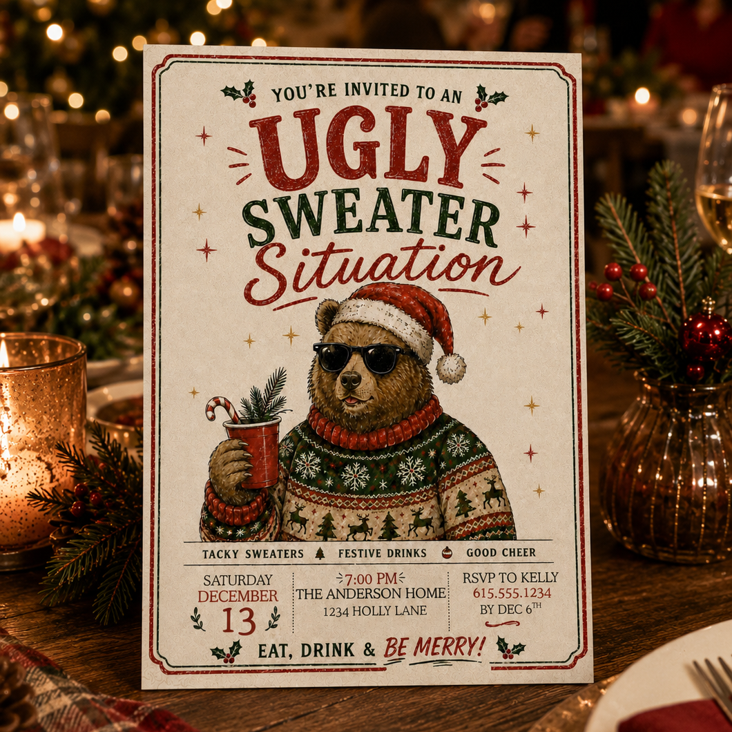 A Christmas-themed invitation card styled on a rustic wooden table with a blurred Christmas tree and holiday decorations in the background. The card features an illustration of a person in a fuzzy red Santa hat and sweater holding a drink, with text reading 'YOU'RE INVITED TO AN UGLY SWEATER Situation'.