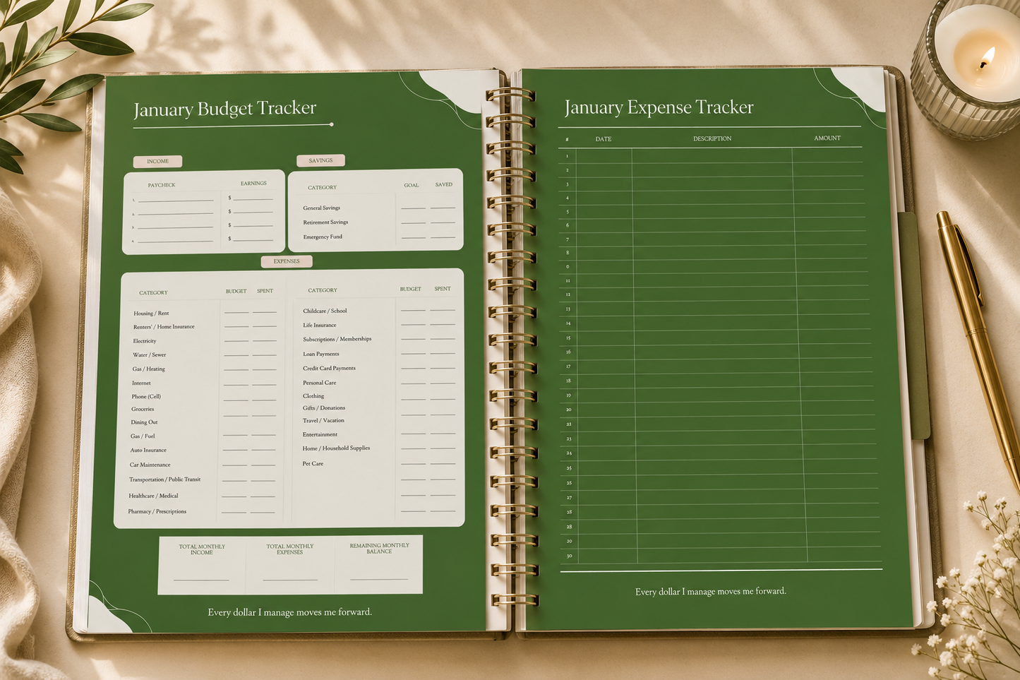 An open spiral-bound planner or notebook showing two green tracker pages: a January Budget Tracker on the left and a January Expense Tracker on the right. The planner is photographed on a beige fabric surface with a candle, gold pen, and small flowers as styled props.