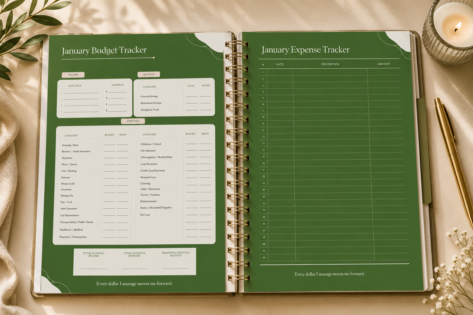 An open spiral-bound planner or notebook showing two green tracker pages: a January Budget Tracker on the left and a January Expense Tracker on the right. The planner is photographed on a beige fabric surface with a candle, gold pen, and small flowers as styled props.