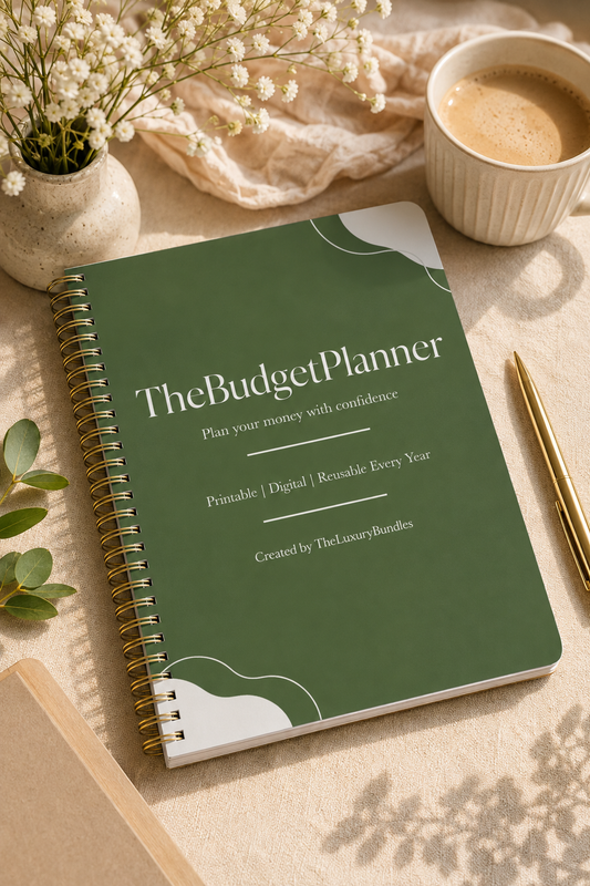 A green spiral-bound planner titled "TheBudgetPlanner" styled on a beige fabric surface with a cup of coffee, flowers, a pen, and a notebook nearby.