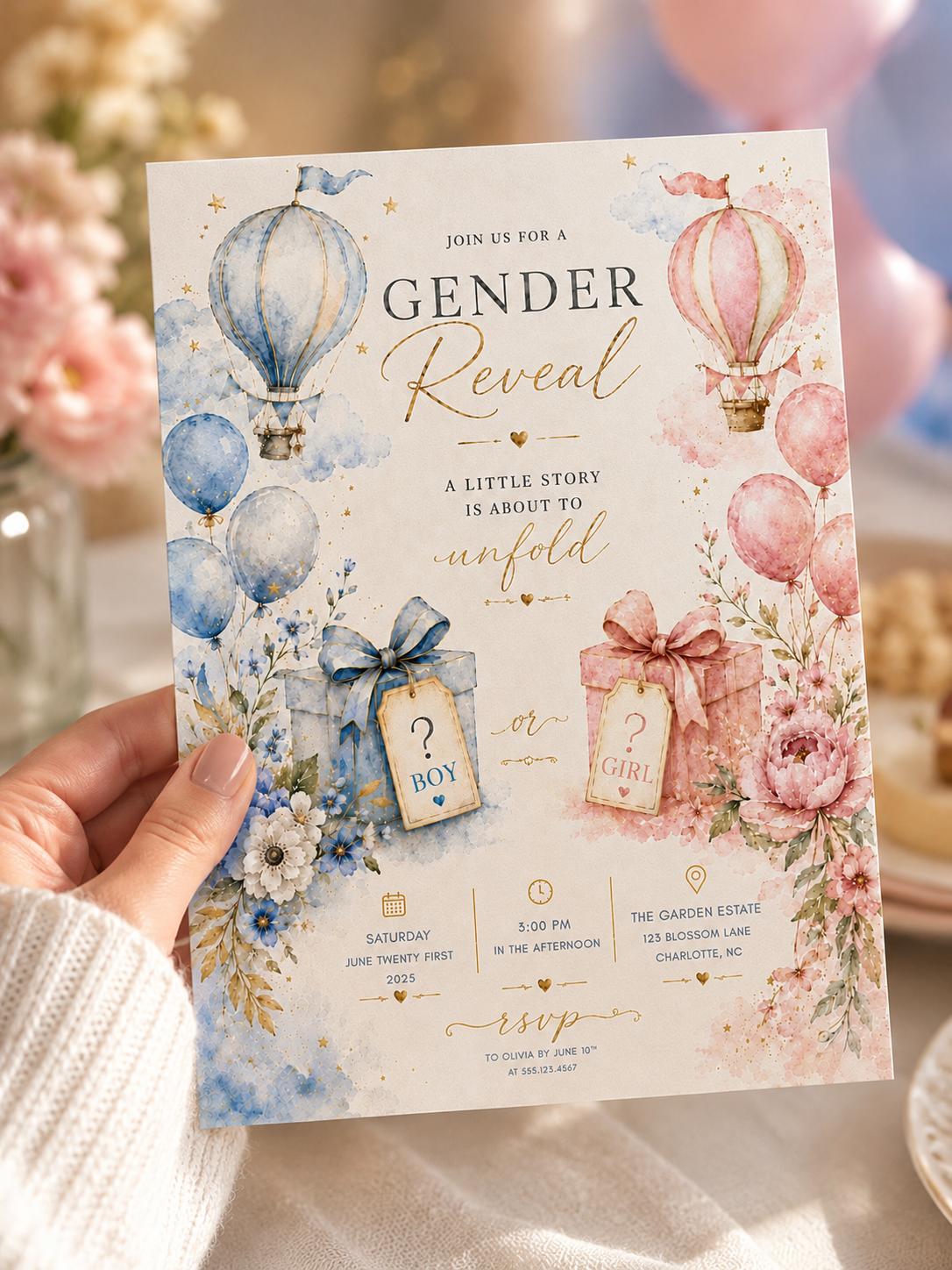 A hand holds a watercolor-style gender reveal invitation card featuring pastel hot air balloons, flowers, gift boxes, and event details, with a soft blurred background of balloons and flowers.