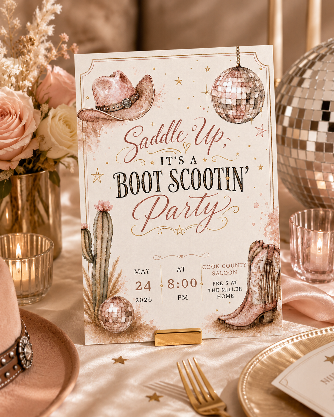 A styled party sign for a 'Saddle Up, It's a Boot Scootin' Party' reading May 24 at 8:00 PM at Cook County Saloon, displayed on a table with a pink hat, gold plates, candles, and a disco ball in the background.