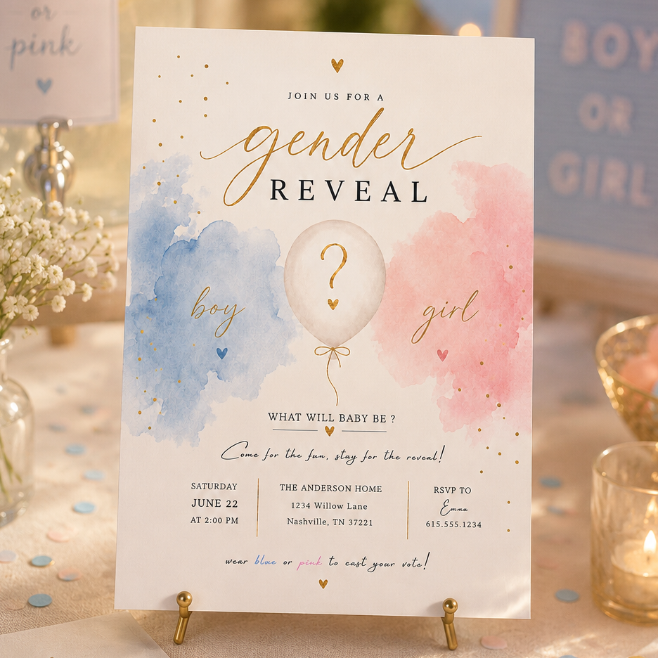 A baby gender reveal invitation card displayed on a small stand on a decorated table. The card has a white background with pastel blue and pink watercolor balloon graphics, gold foil text reading 'gender REVEAL,' and a central white balloon with a question mark.