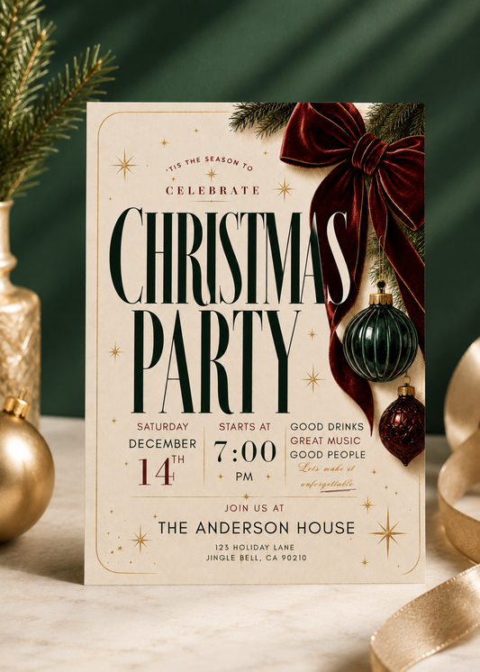 A festive Christmas party invitation card styled on a marble surface with holiday greenery, gold ornaments, and a dark green background. The card features elegant typography, a large red bow illustration, pine branches, and gold star accents.
