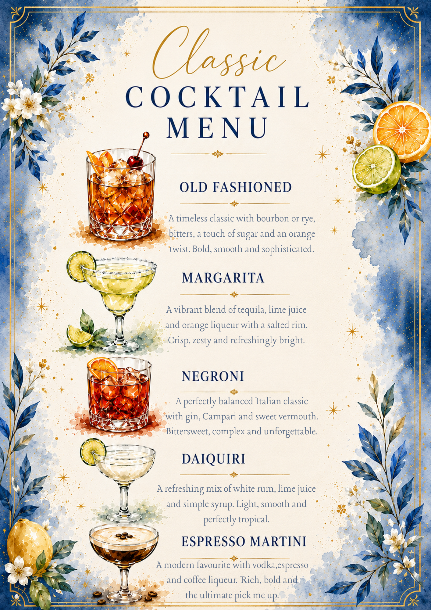 A decorative cocktail menu poster with watercolor floral borders, illustrated drinks, and text listing classic cocktails including Old Fashioned, Margarita, Negroni, Daiquiri, and Espresso Martini.