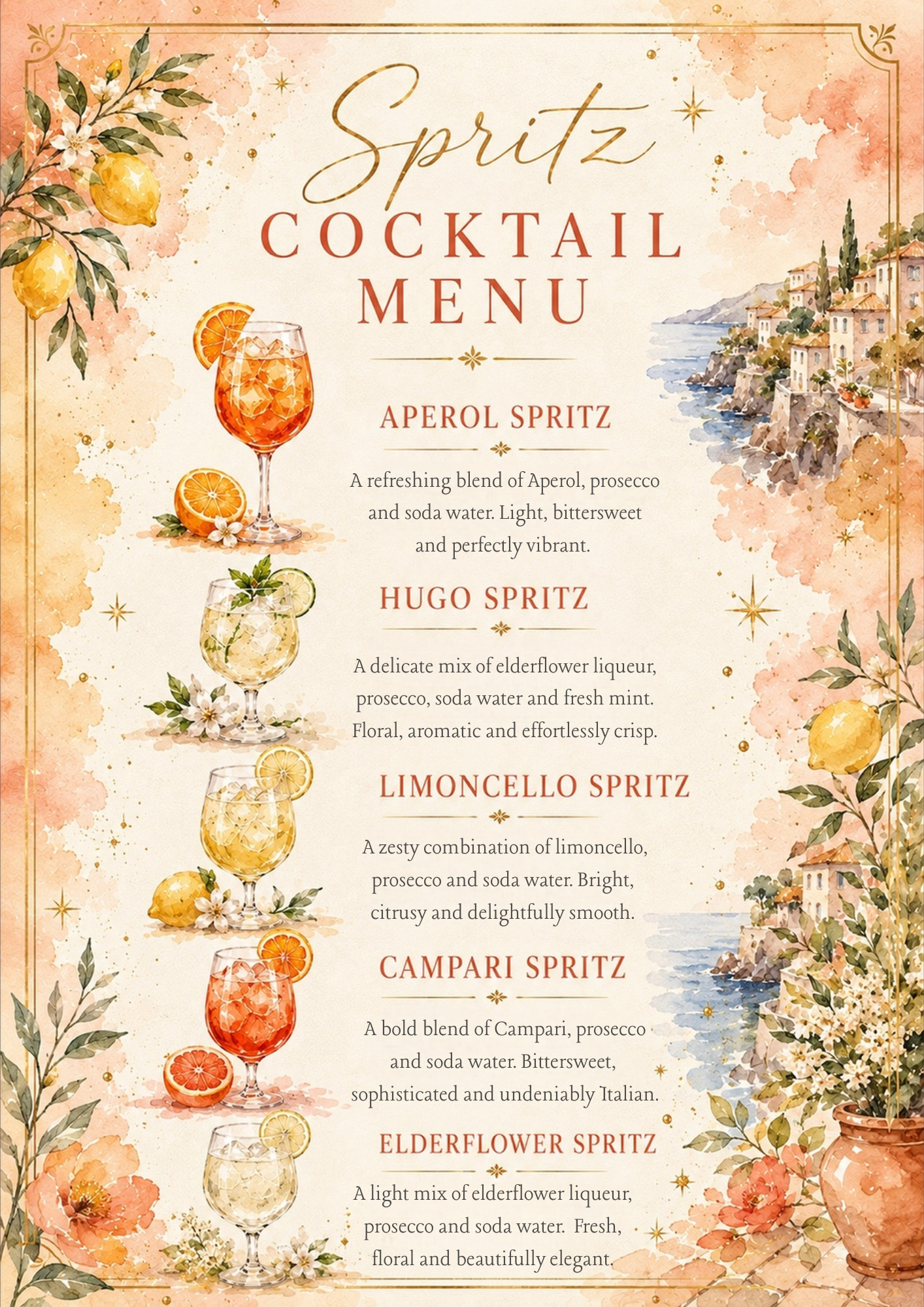 A decorative cocktail menu poster titled 'Spritz Cocktail Menu' with watercolor-style illustrations of citrus fruits, mixed drinks, flowers, and a coastal scene. The text lists several spritz variations including Aperol Spritz, Hugo Spritz, Limoncello Spritz, Campari Spritz, and Elderflower Spritz.