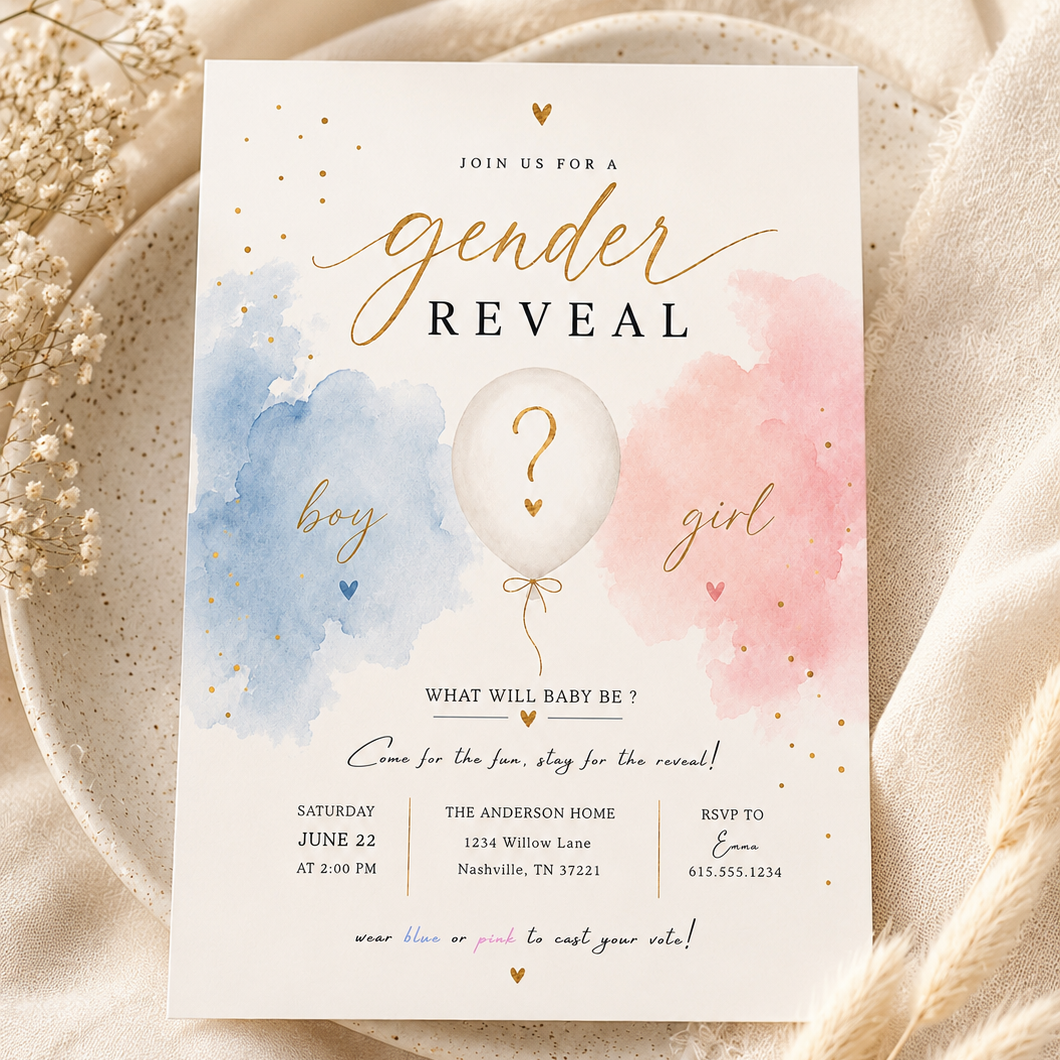 A baby gender reveal invitation card styled on a beige fabric background with dried flowers. The card features a watercolor design with blue on the left, pink on the right, and a white balloon with a question mark in the center, accented with gold foil details.