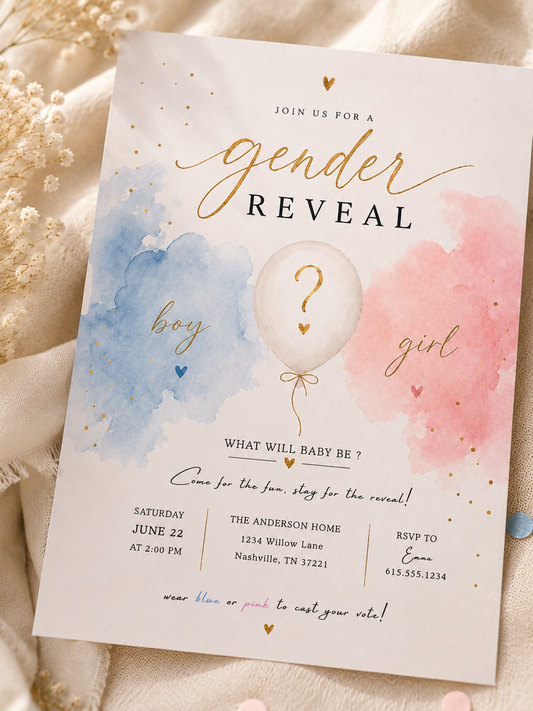 A gender reveal invitation card with a soft watercolor design in blue, pink, and cream, featuring a central white balloon with a question mark and gold foil text. The card is styled on a beige fabric background with dried flowers.