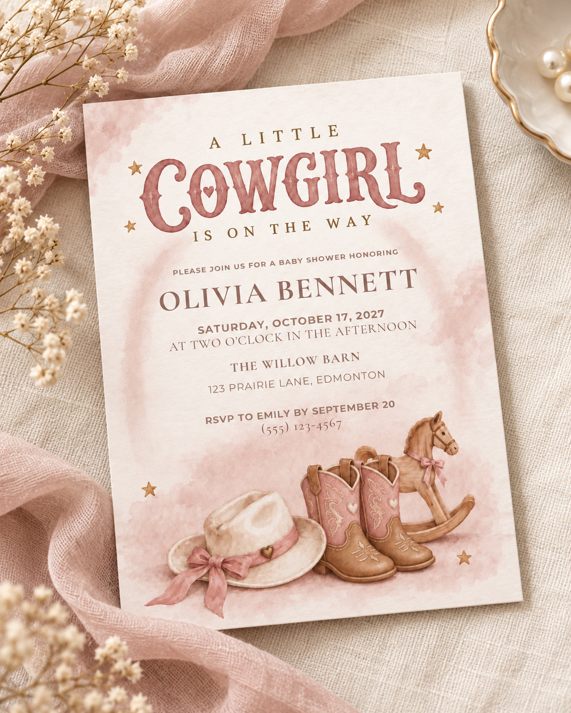 A Little Cowgirl Baby Shower Invitation | Pink Western Canva Template