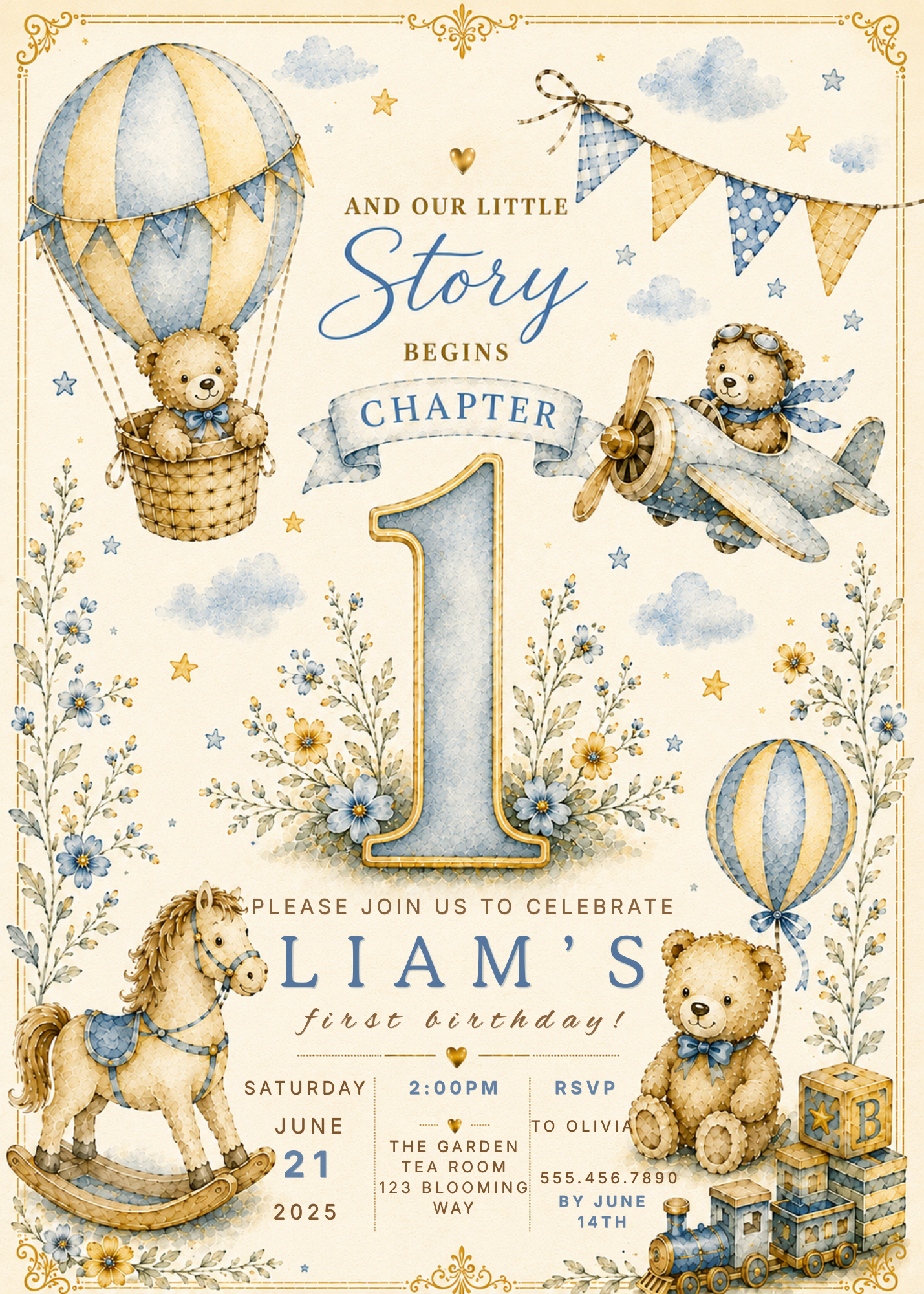 A baby first birthday invitation card featuring a vintage-style watercolor illustration of teddy bears, hot air balloons, a rocking horse, an airplane, and flowers in soft blue, beige, and cream tones. The central design includes a large decorative number 1 and text reading 'AND OUR LITTLE Story BEGINS CHAPTER 1 LIAM'S first birthday' with event details below.