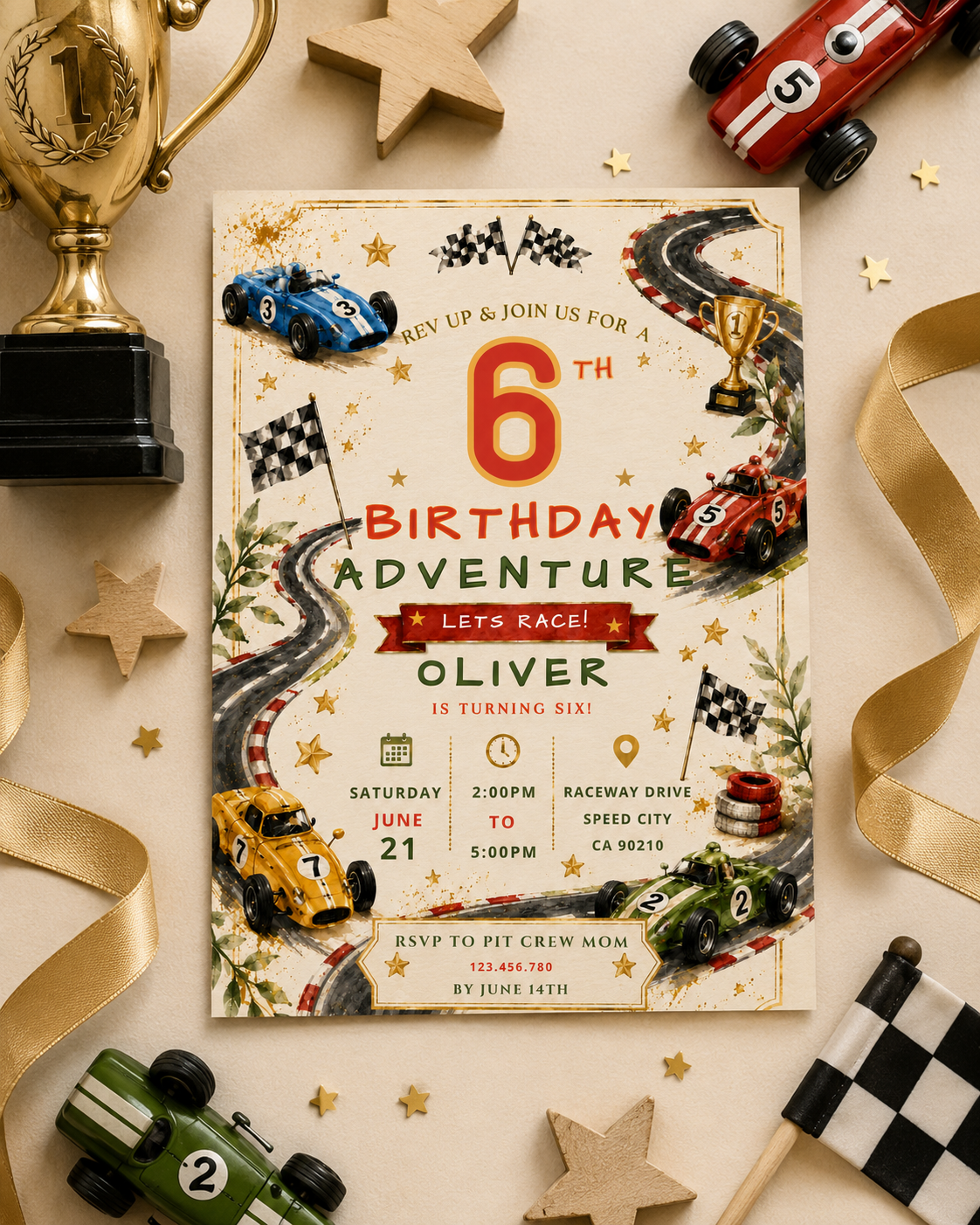 A 6th birthday race-themed invitation card styled in a flat lay with toy cars, a gold trophy, wooden stars, and ribbons on a beige background.