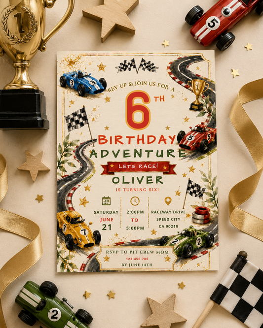 A 6th birthday race-themed invitation card styled in a flat lay with toy cars, a gold trophy, wooden stars, and ribbons on a beige background.