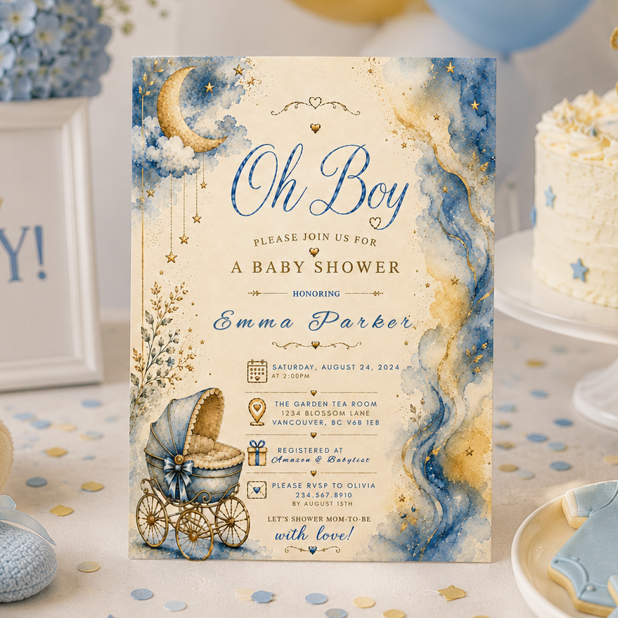A baby shower invitation card styled on a decorated table with a teddy bear, blue booties, a cake, cookies, balloons, and 'Oh Boy!' signs. The central product is the invitation card featuring a blue and gold celestial design with a baby carriage illustration.