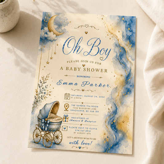 A baby shower invitation card with a celestial watercolor design, featuring blue and gold marbled patterns, a baby carriage illustration, and elegant typography, styled on a soft beige fabric background.