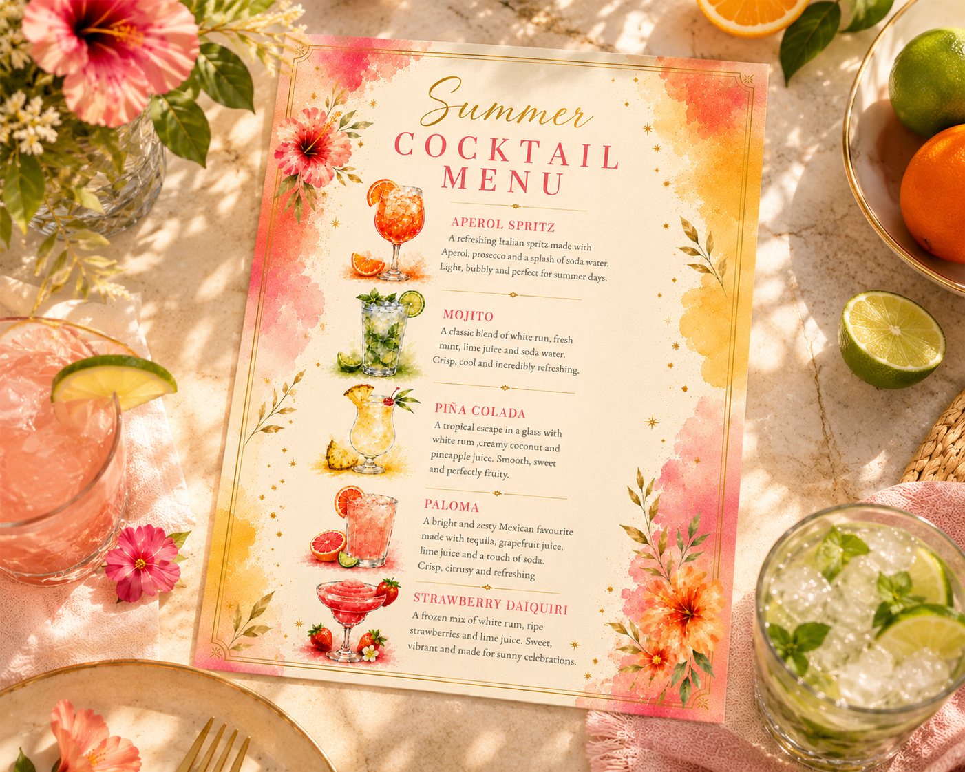 A colorful 'Summer Cocktail Menu' card with watercolor floral designs and cocktail illustrations, styled on a light textured tablecloth with pink napkins, a glass of pink drink, a lime, and flowers.