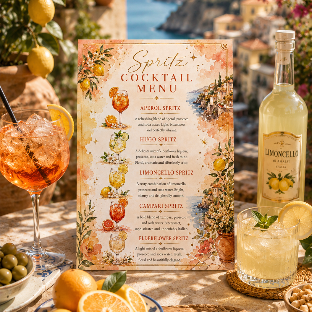 A decorative cocktail menu card styled on a rustic table outdoors, surrounded by lemonade glasses, a bottle of Limoncello, lemons, olives, and bread. The menu features watercolor illustrations and the title 'Spritz Cocktail Menu'.