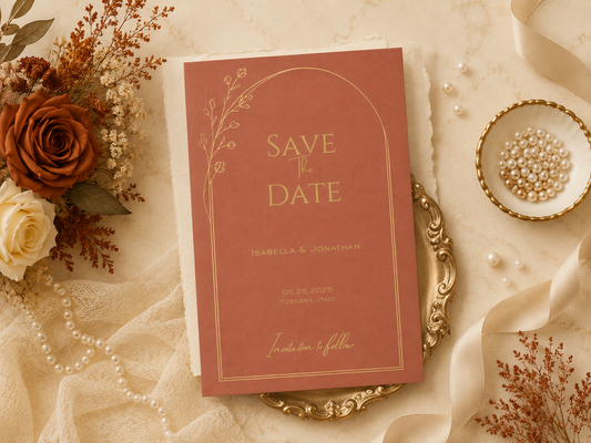 A dusty rose 'Save the Date' invitation card with elegant gold foil lettering, styled in a flat-lay arrangement with dried flowers, white pearls, a gold tray, and cream-colored ribbons on a marble surface.