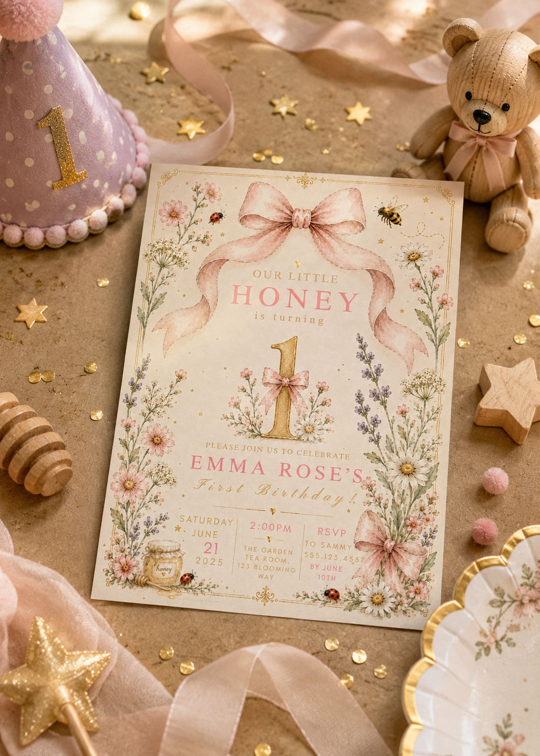 A floral first birthday invitation card styled on a beige tabletop with party props including a teddy bear, party hat, honey pot, stars, and ribbon.