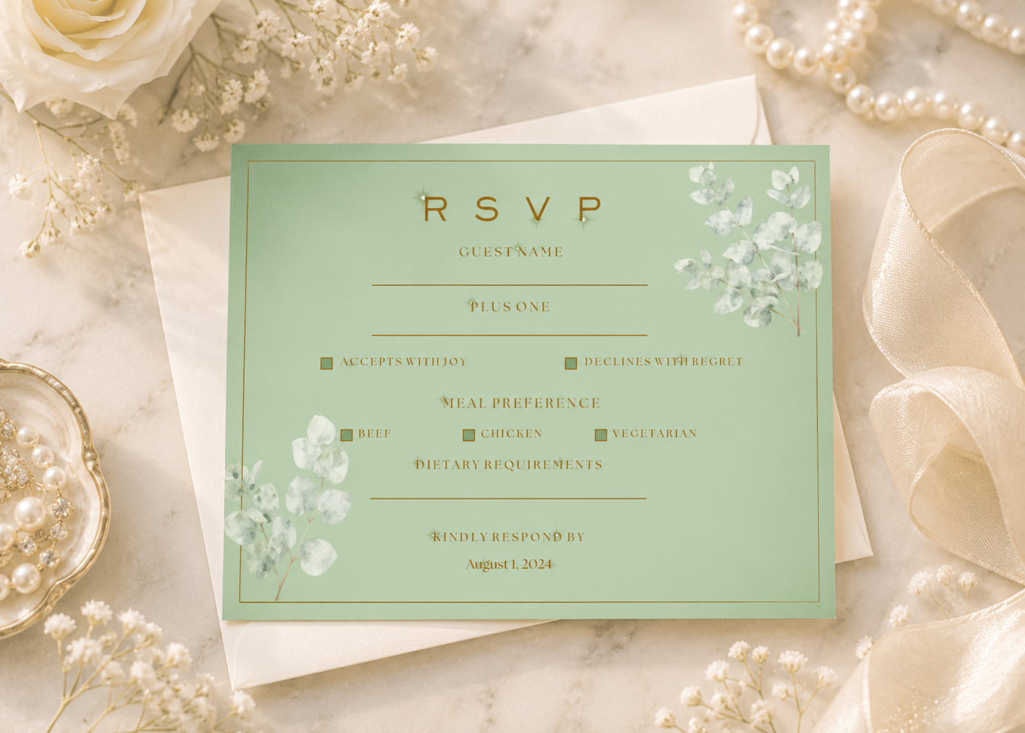A mint green RSVP card with elegant white floral illustrations and gold lettering, styled on a cream envelope over a marble surface with pearls, white roses, and sheer ribbon.