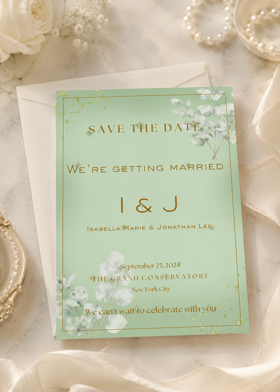 A mint green 'Save the Date' wedding invitation card with gold lettering and delicate white floral illustrations, styled on a white envelope with pearls and white flowers around it.
