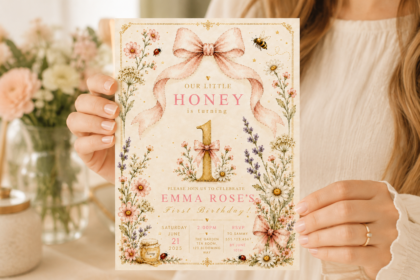A person holds a decorative first birthday invitation card featuring a large pink bow, floral illustrations, and the text 'Our Little Honey is Turning 1.' The photo is taken in a softly lit indoor setting with blurred flowers in the background.