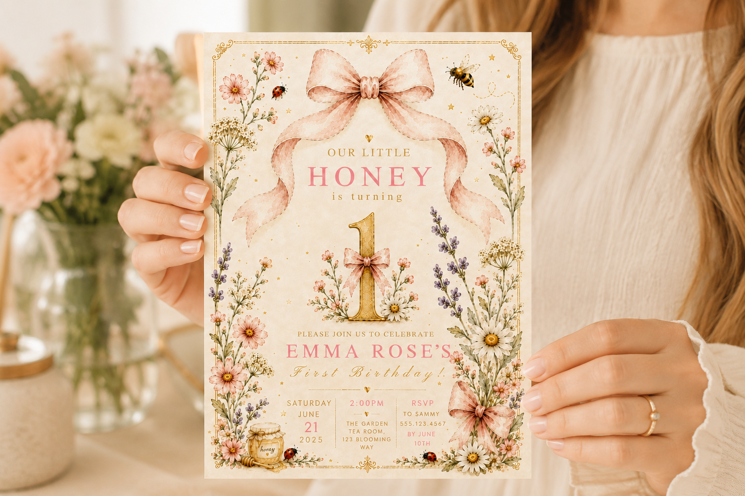 A person holds a decorative first birthday invitation card featuring a large pink bow, floral illustrations, and the text 'Our Little Honey is Turning 1.' The photo is taken in a softly lit indoor setting with blurred flowers in the background.
