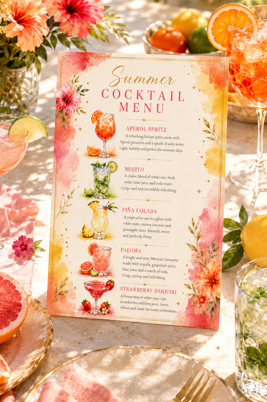 A printed cocktail menu card titled 'Summer Cocktail Menu' with colorful floral artwork and drink illustrations, styled on a table with flowers, citrus, glasses, and place settings.