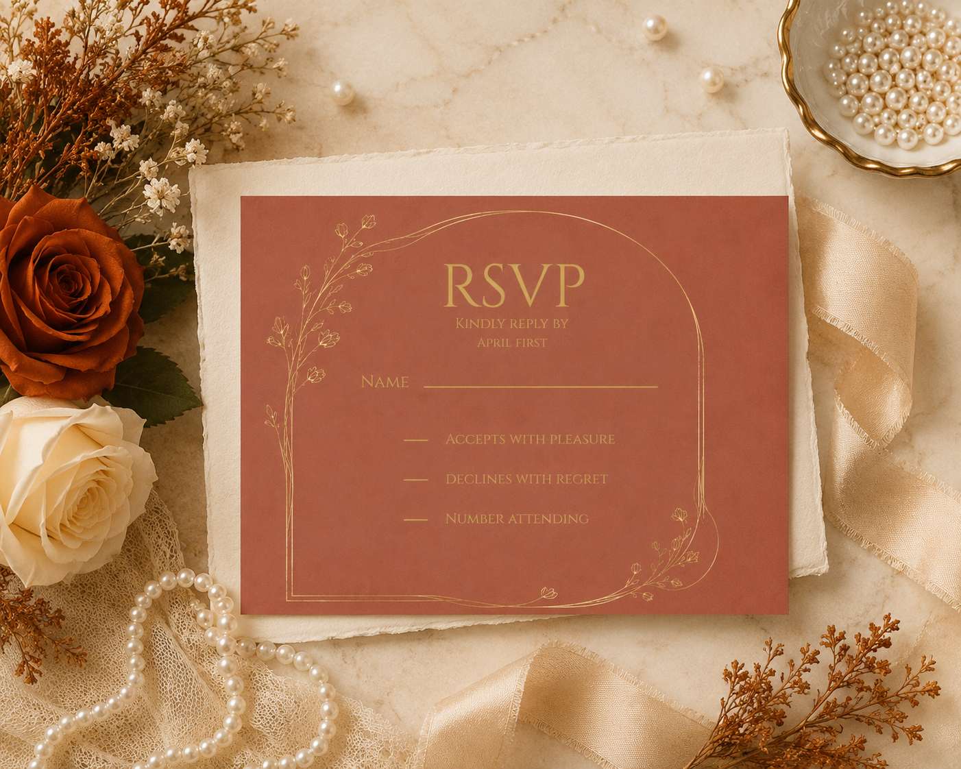 A rustic wedding RSVP card in terracotta pink with gold foil details, styled in a flat lay with cream roses, dried flowers, pearls, and a cream ribbon on a marble surface.